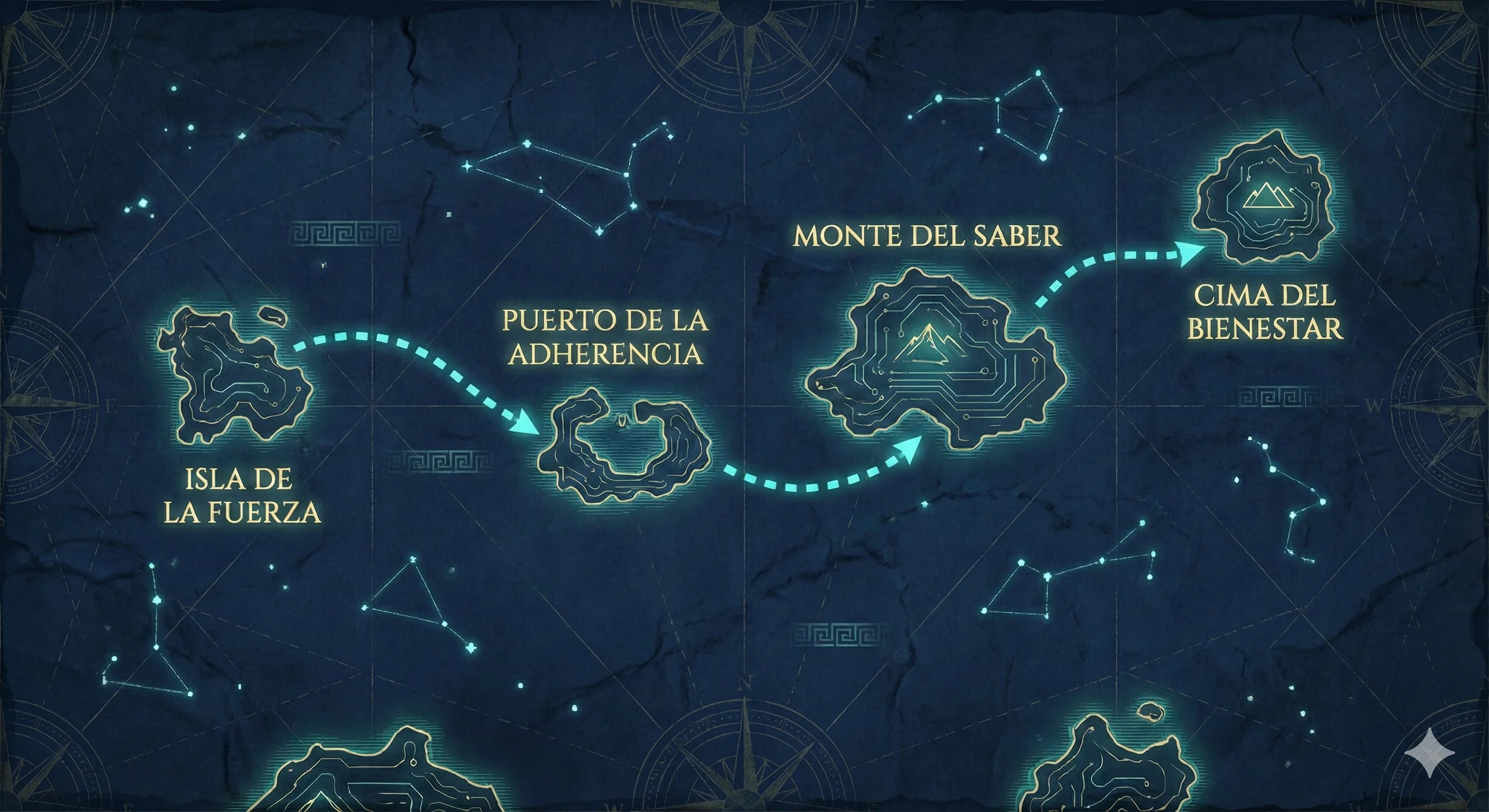 Tu viaje en ODISEA: Isla de la Fuerza, Puerto de la Adherencia, Monte del Saber, Cima del Bienestar